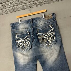 Affliction Mens Jeans Size 38 Bootcut Distressed Blue Denim Embellished Pockets